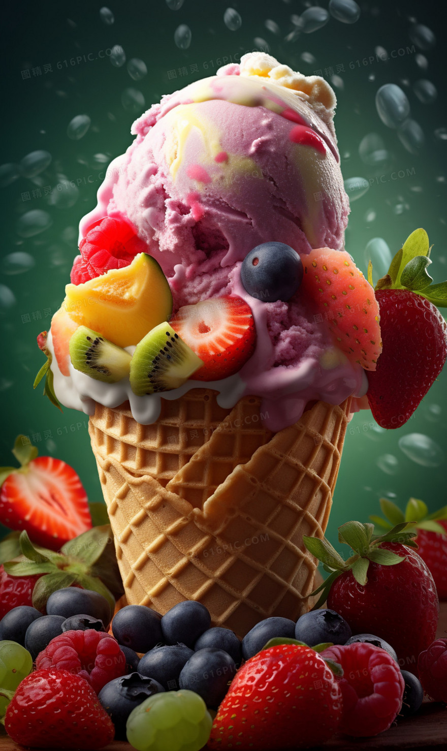 加蓝莓草莓猕猴桃的冰淇淋甜筒