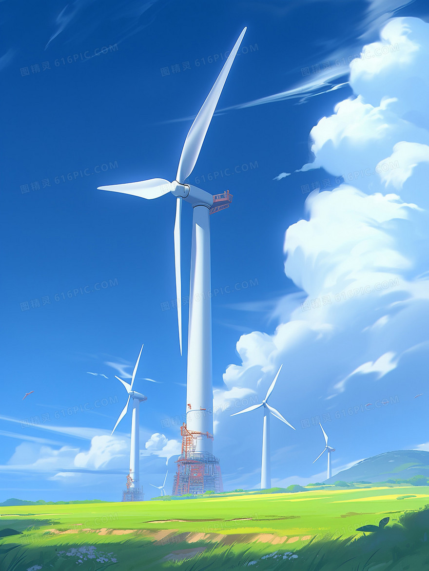 清新唯美的蓝天下的发电风车