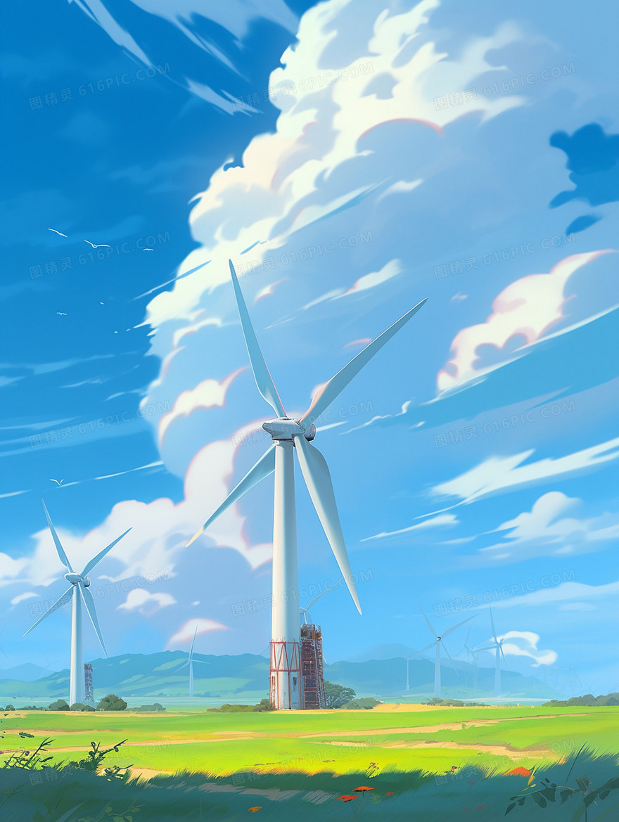 清新唯美的蓝天白云下有一些发电风车