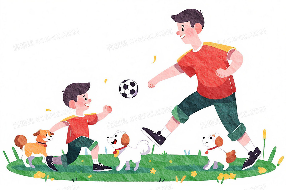 卡通爸爸和儿子和狗狗在踢足球