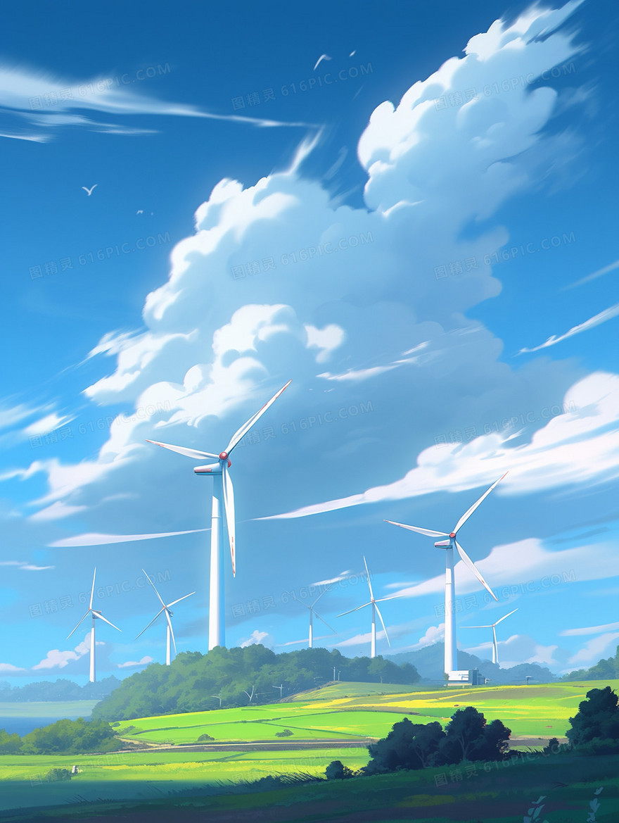 蓝天白云下的田野和发电风车