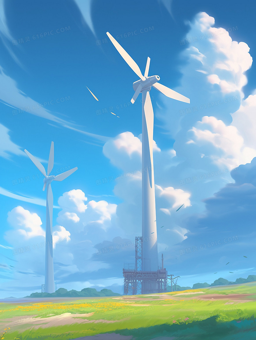 日系清新唯美的蓝天下的发电风车