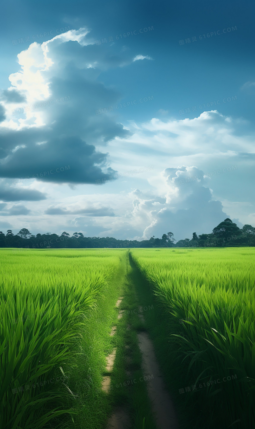 竖版郊外的蓝天和绿色稻田