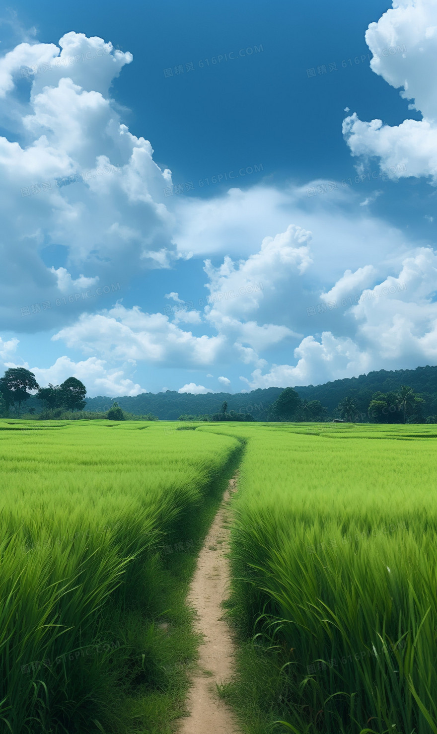 竖版蓝天白云下的绿色稻田和羊肠小路
