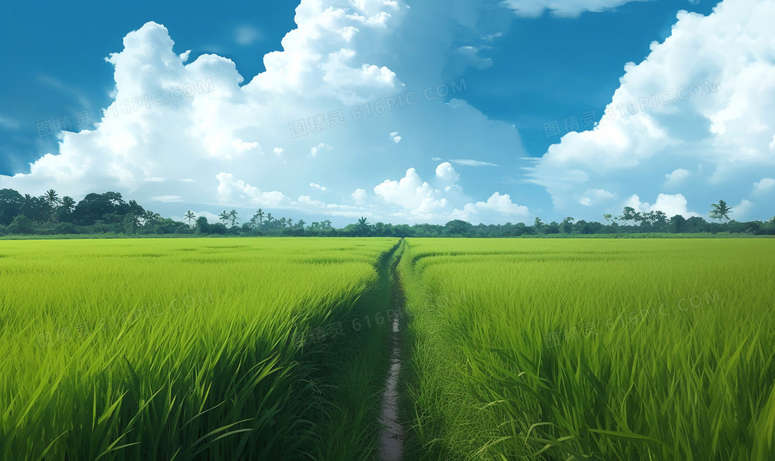 清新蓝天白云和绿色稻田