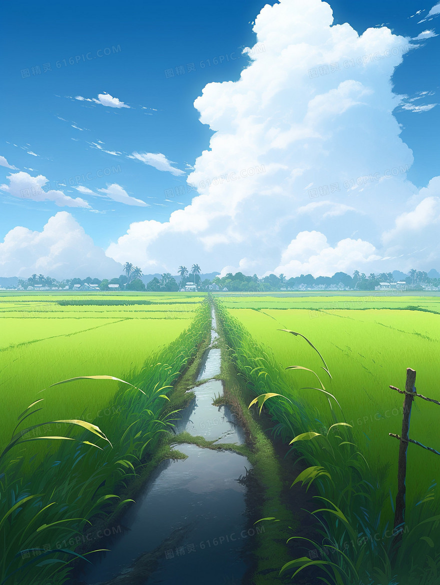 竖版蓝天白云下的绿色稻田和小河