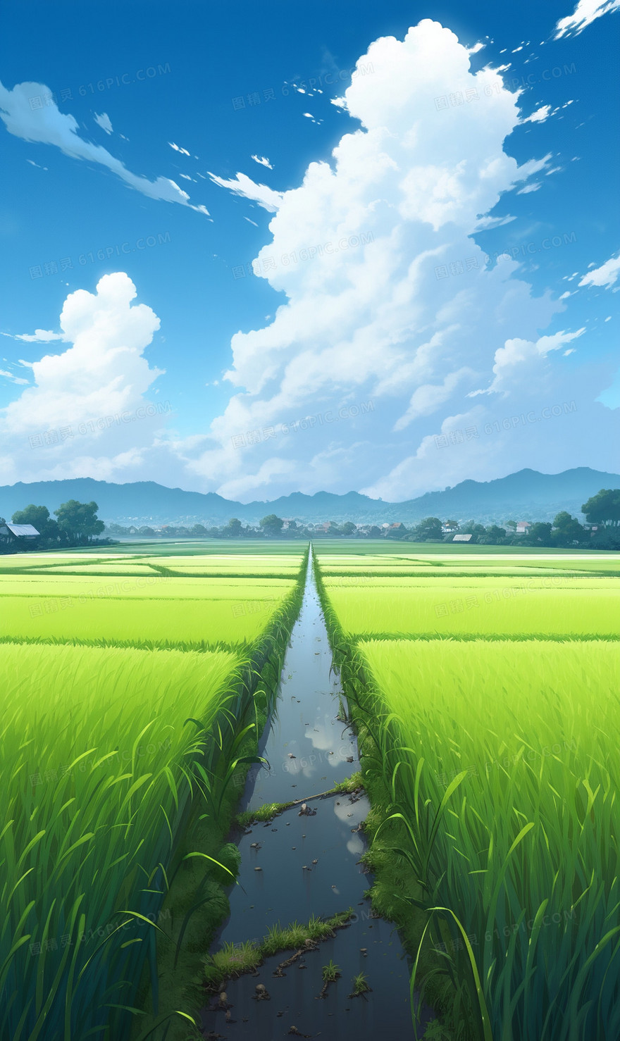竖版郊外的蓝天白云和绿色稻田