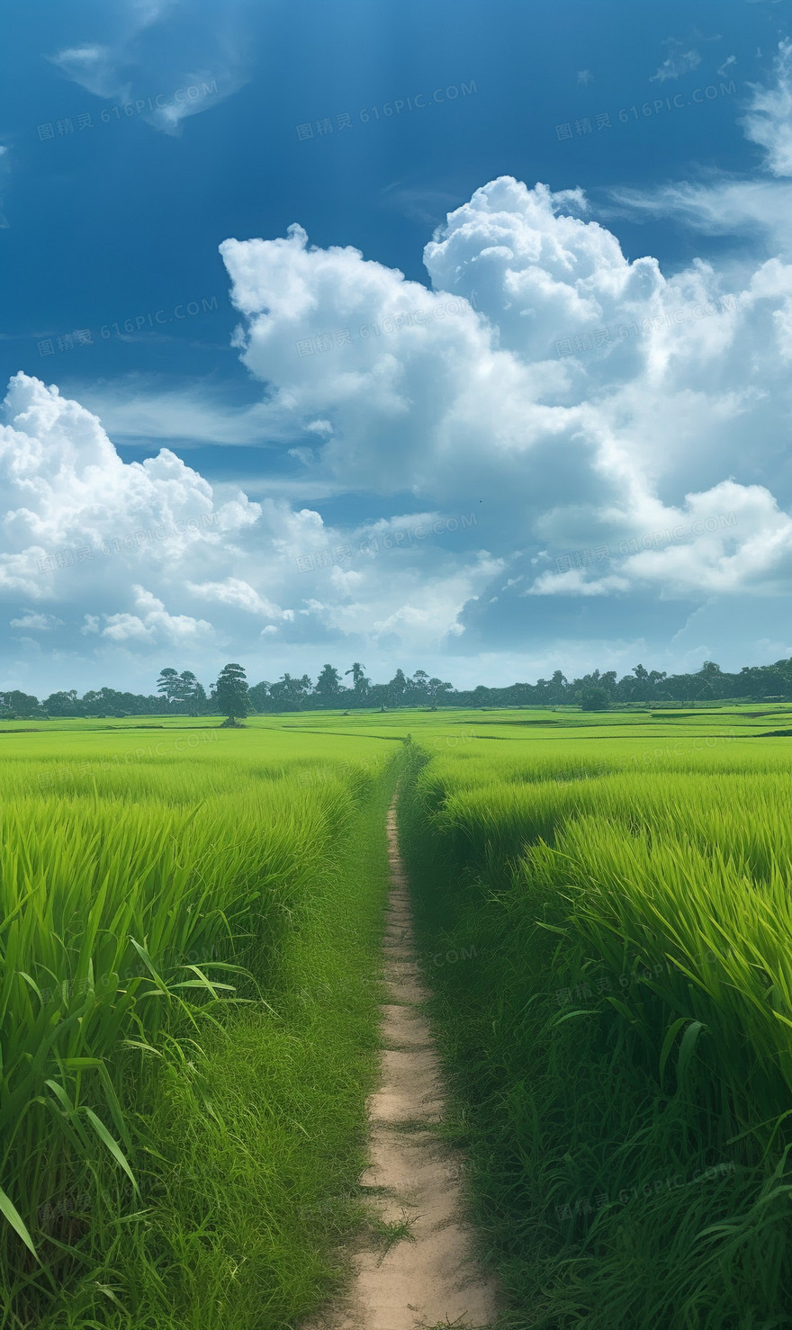 竖版蓝天白云和绿色稻田小路