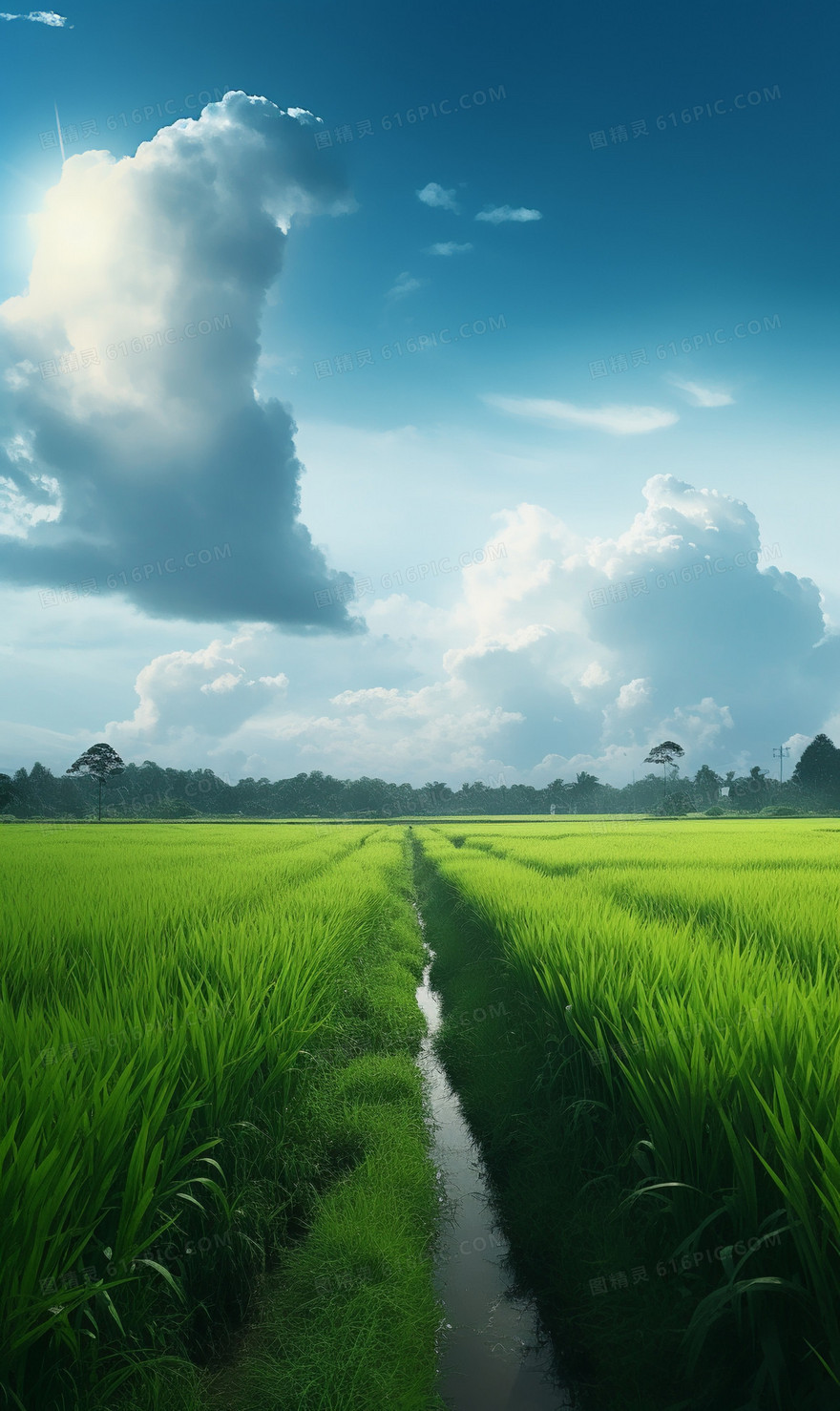 竖版郊外湛蓝的天空和绿色的稻田