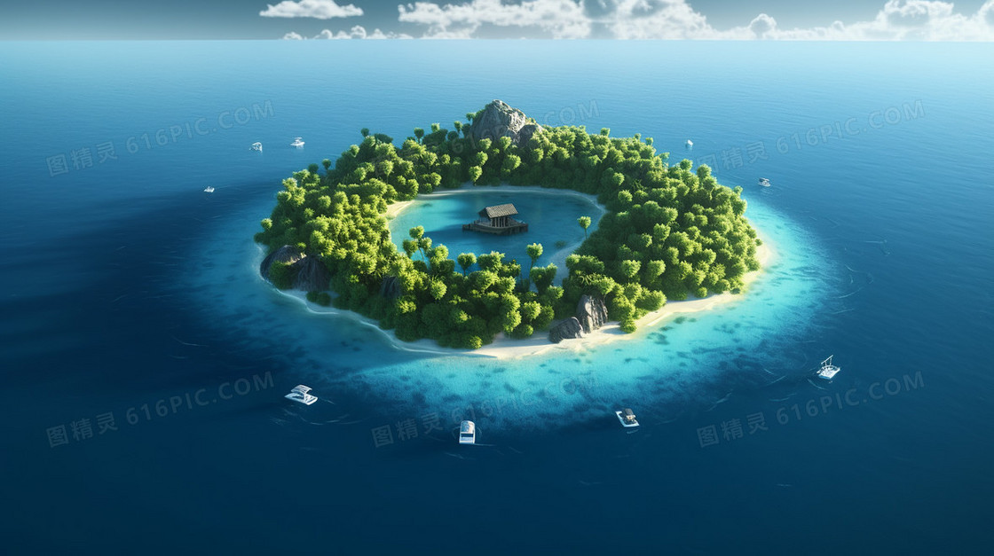 唯美蓝色海洋拥抱的天然岛屿