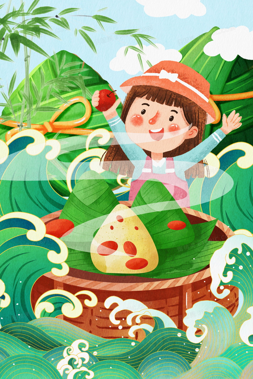 端午粽子女孩手绘节日插画