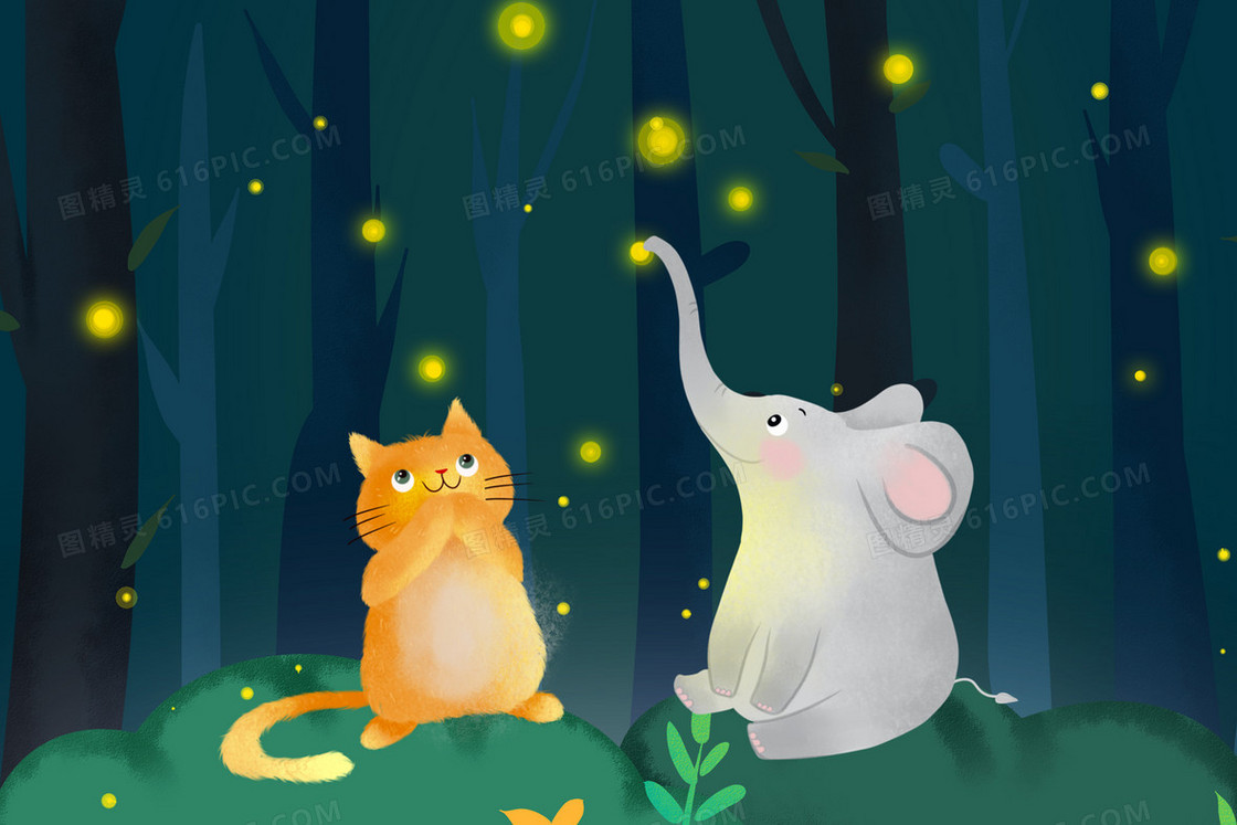 星空森林小动物卡通风景插画
