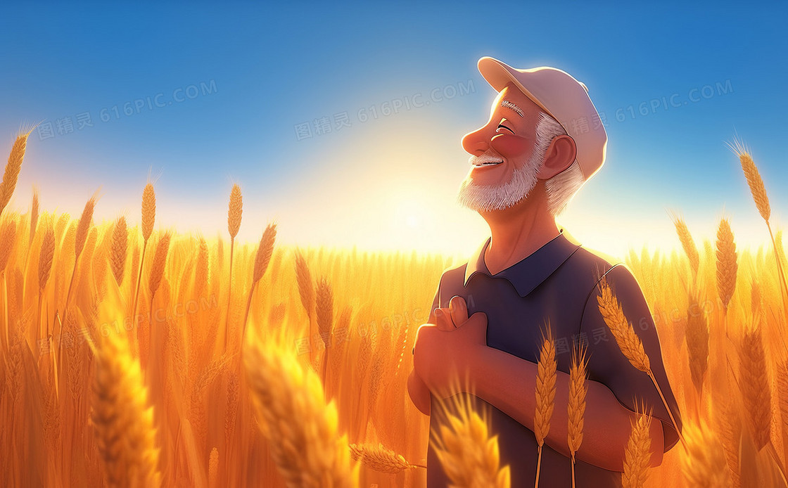 慈祥的农民伯伯在金色的麦田里笑得很开心