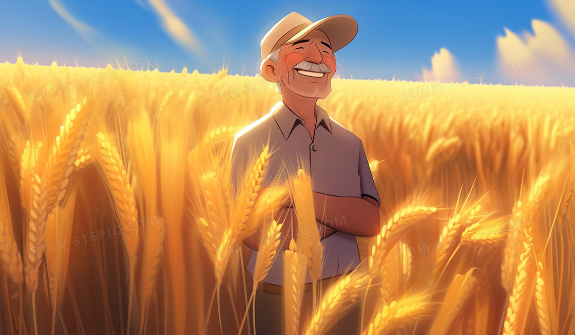 农民伯伯站在金色的麦田里笑得很开心
