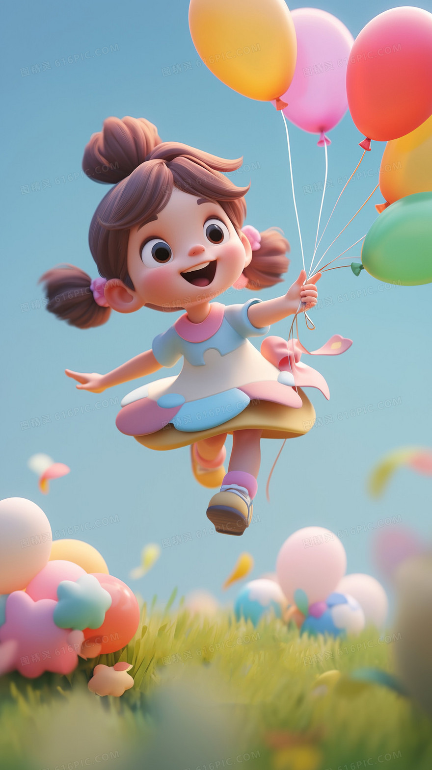 可爱的小女孩拿着彩色的气球开心的跳在空中