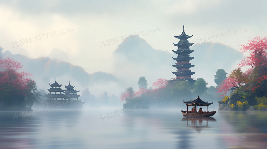 中国风湖畔的 亭台楼阁