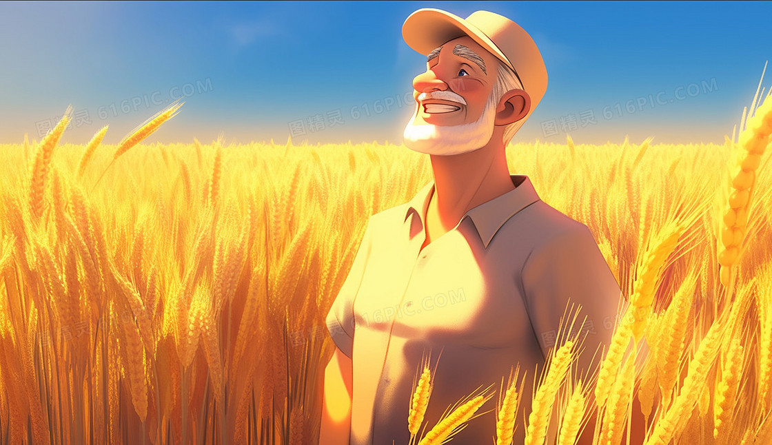 戴帽子的农民伯伯在金色的麦田里笑得很开心