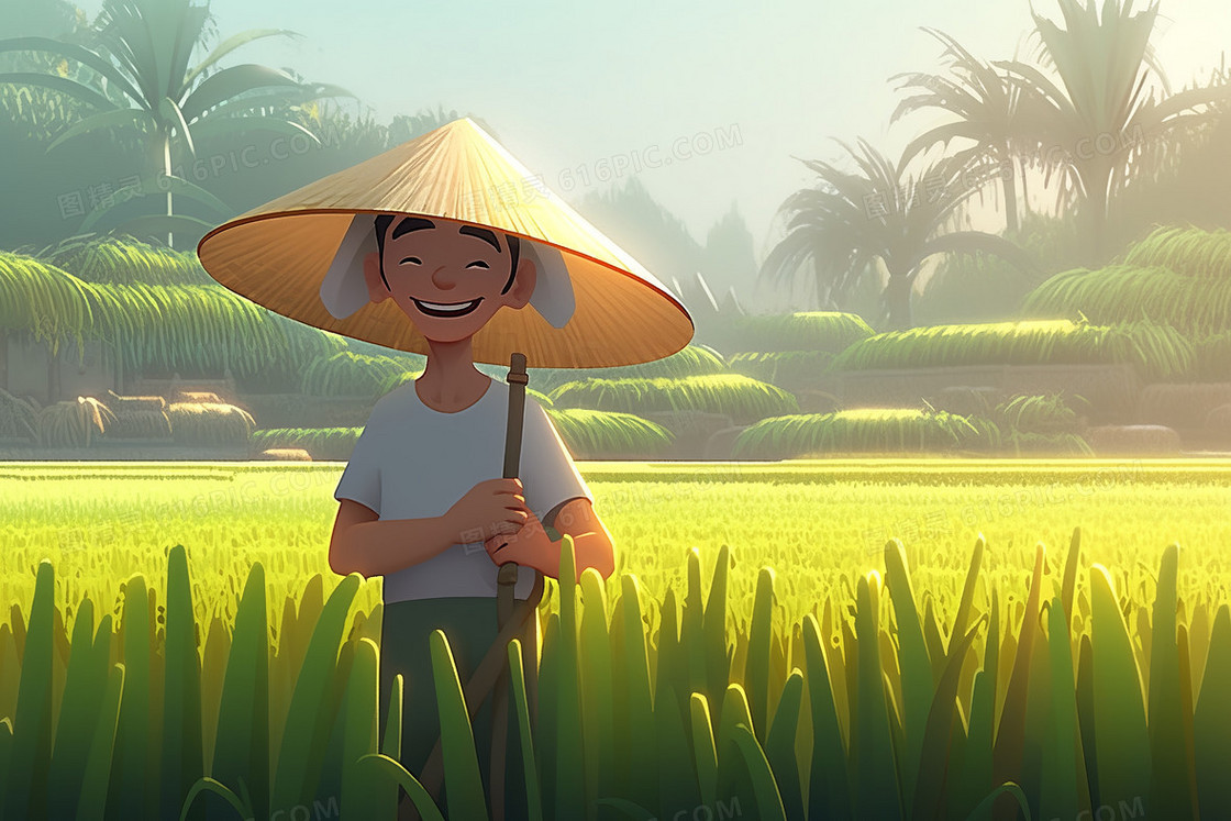农民伯伯站在绿色的稻田里笑得很开心