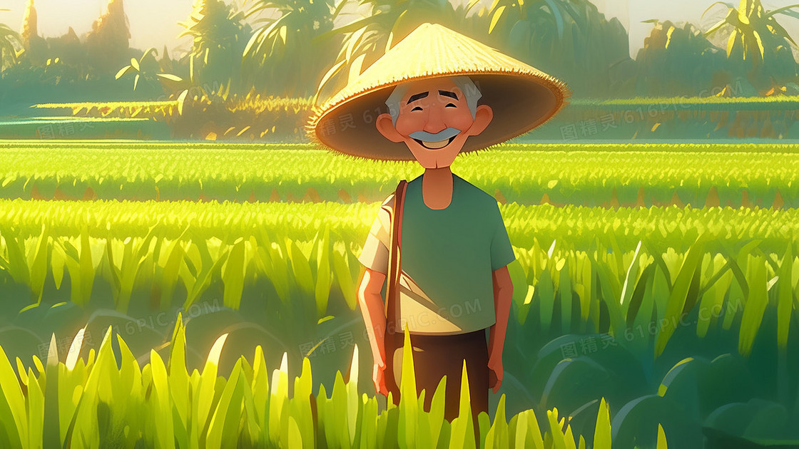农民伯伯在绿色的稻田里笑得特别开心