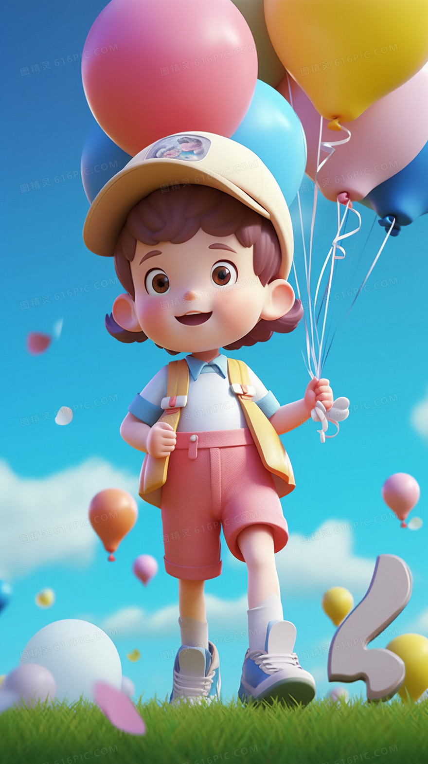 可爱的小男孩拿着彩色的气球开心的跳跃在草坪上