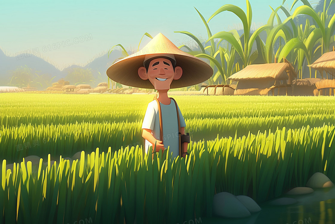 农民伯伯在绿色的稻田里笑得很开心