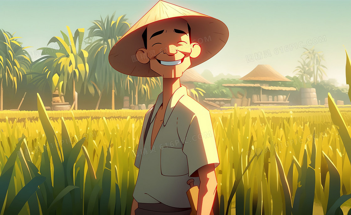 戴草帽的农民伯伯在绿色的稻田里笑得很开心