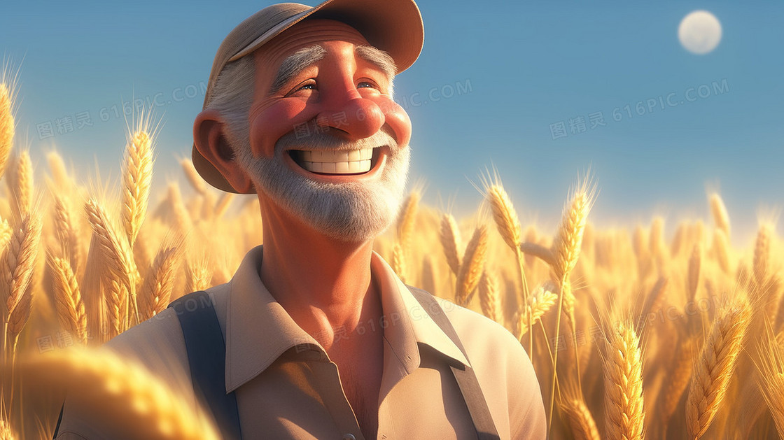 大胡子农民伯伯在金色的麦田里笑得很开心