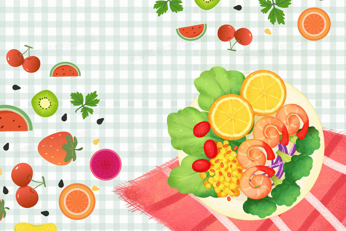 素食养生营养美食沙拉插画