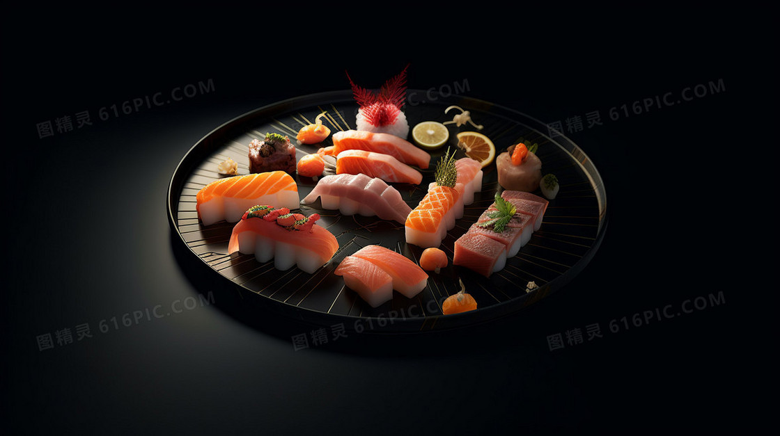 桌面上摆放的一盘精致的三文鱼寿司