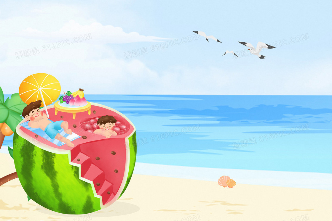 夏季沙滩孩子在西瓜泳池游泳清凉避暑插画