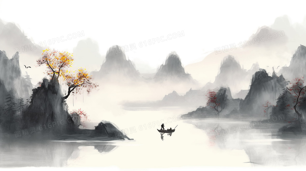 中国风水墨山水画渔夫湖面泛舟背景图片下载_2912x1632像素JPG格式_编号