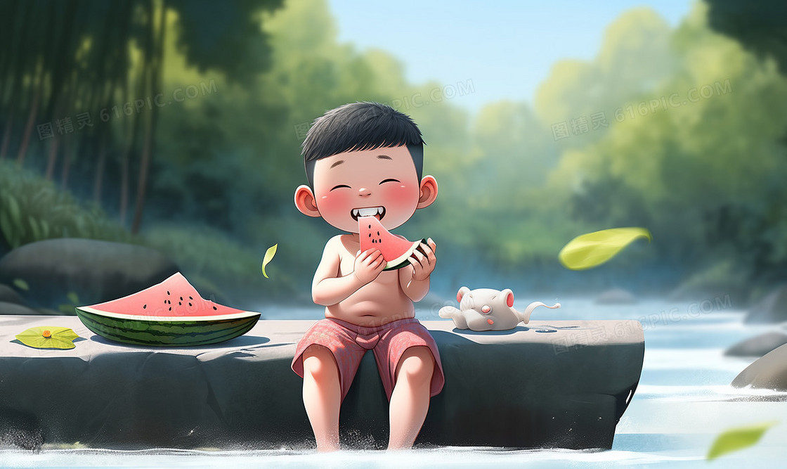 坐在河边吃西瓜的可爱男孩
