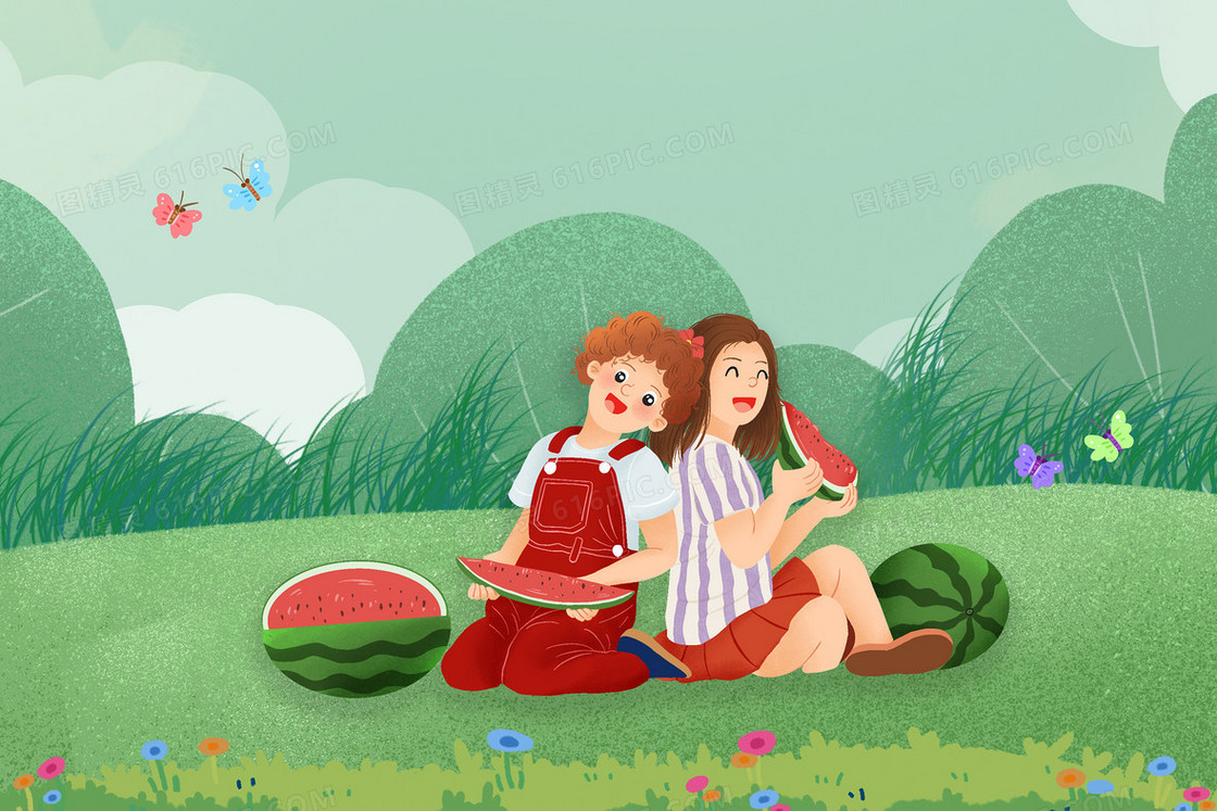 夏季两个女孩吃西瓜清凉避暑节气插画