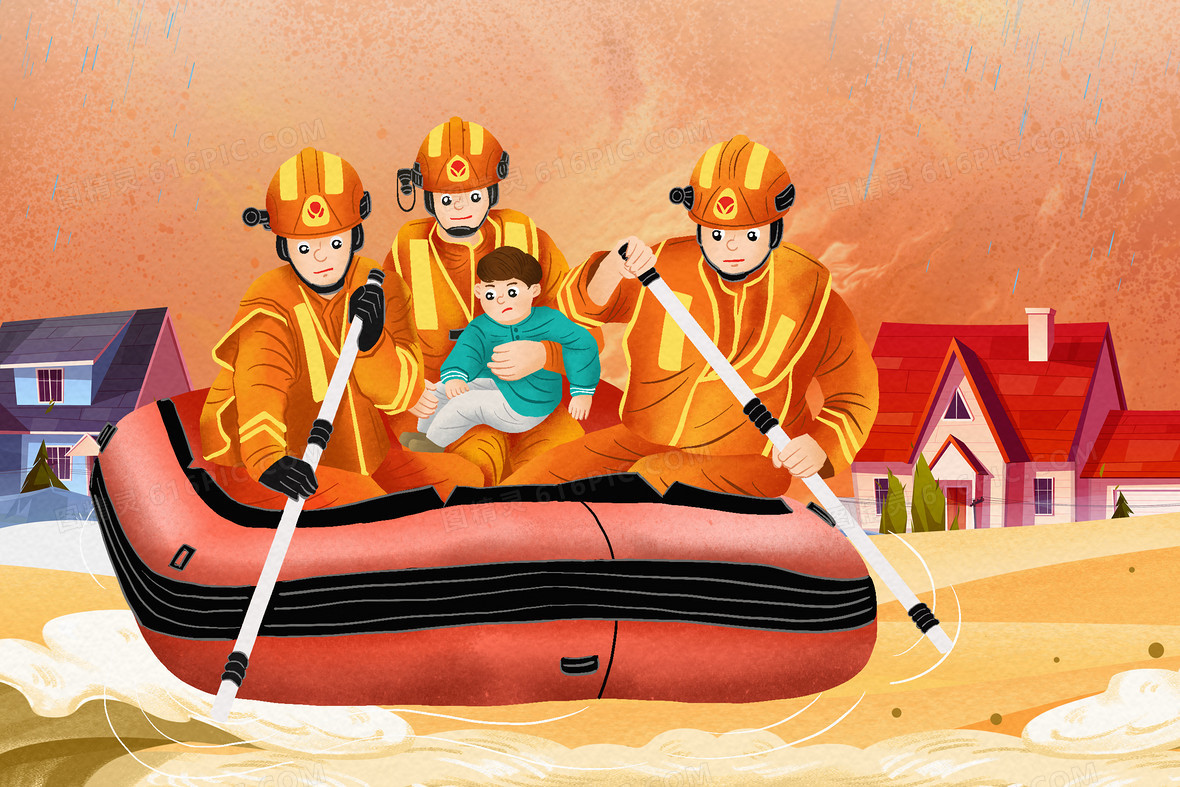 山洪洪涝暴雨消防员救援自然灾害插画