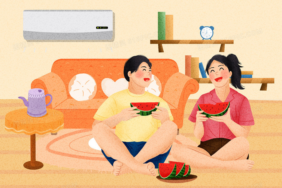 夏季室内吃西瓜避暑清凉插画