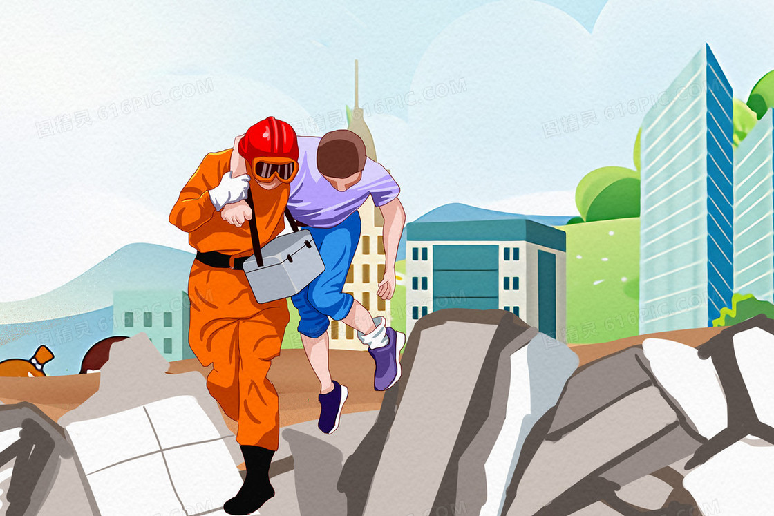 地震救援自然灾害消防官兵插画