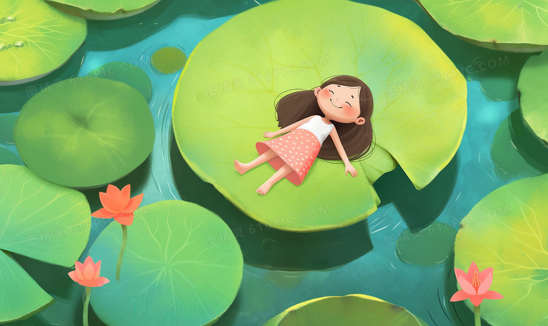 可爱的小女孩躺在巨大的睡莲叶子上睡觉