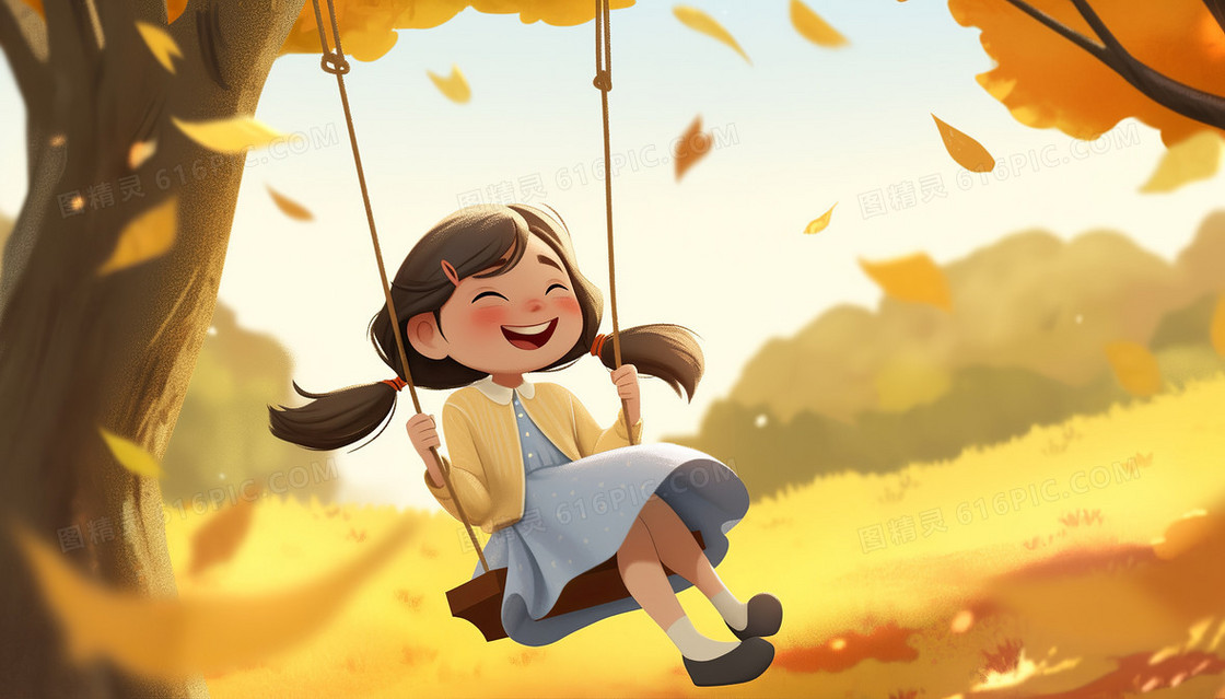 秋天在公园里的可爱女孩开心的荡秋千