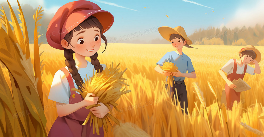 秋天女孩和家人在农田里收割农作物