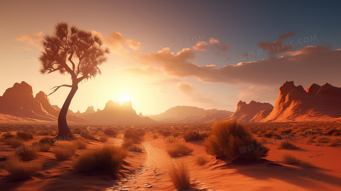 夕阳下的沙漠荒芜背景
