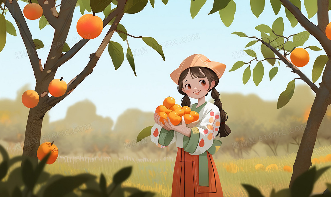 秋天果园里一个可爱的女孩抱着橙子开心的笑