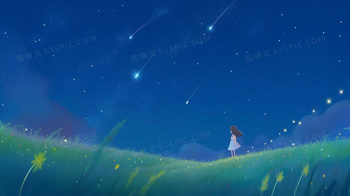 小女孩眺望夜空中的流星唯美插画