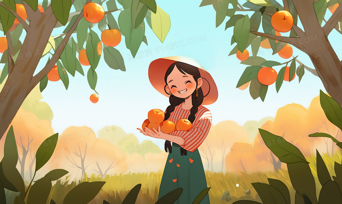 秋天果园里一个戴草帽的可爱女孩抱着水果开心的笑