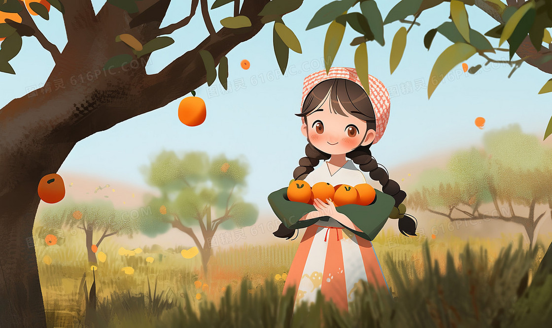 秋天果园里一个戴着头巾的可爱女孩抱着水果开心的笑