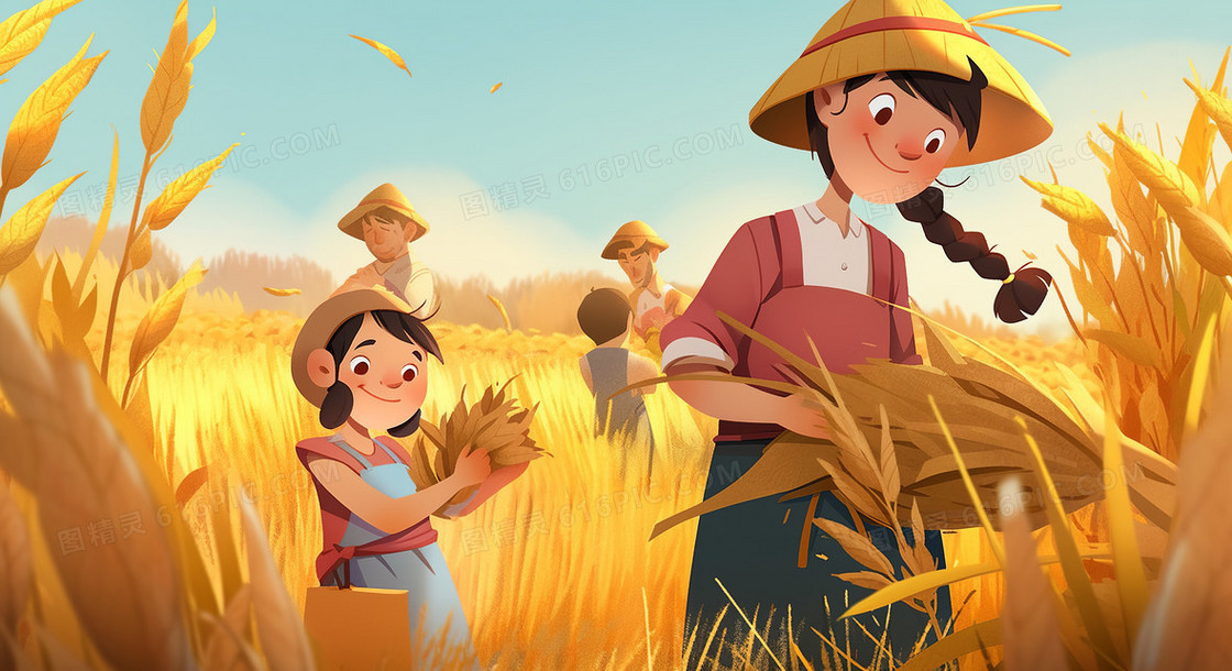 秋天女孩和家人在农田里开心的收割农作物