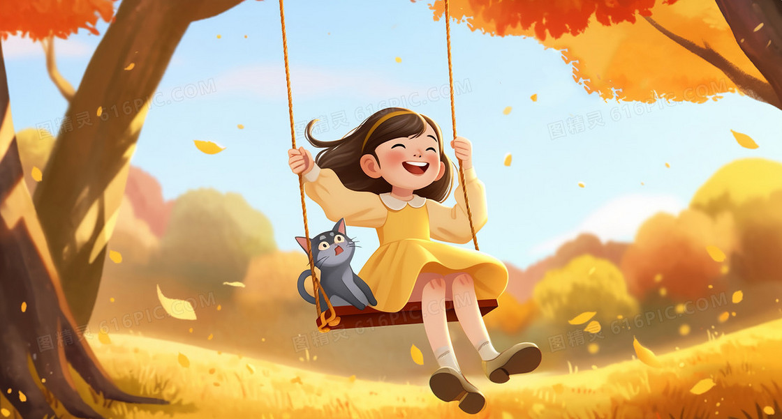 秋天公园里有个可爱的女孩在开心的玩秋千