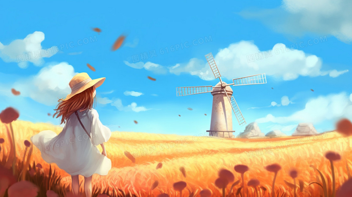 唯美麦田上可爱的小女孩看着远处的风车