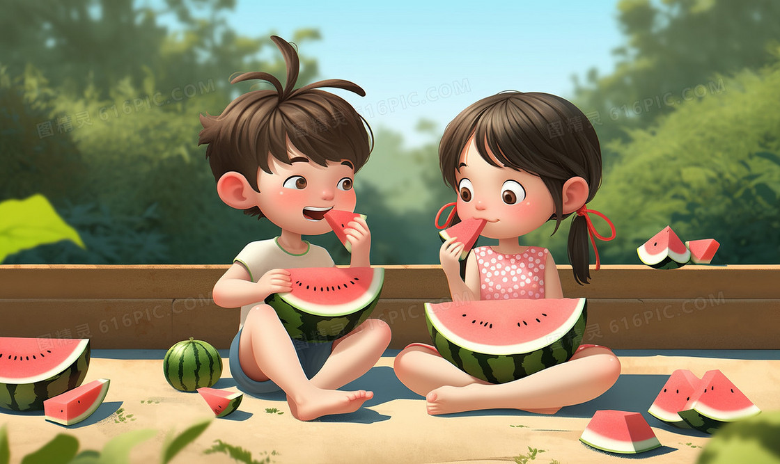 可爱的女孩和男孩坐在天台上开心的吃西瓜