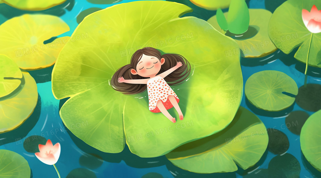 可爱的女孩躺在巨大的睡莲叶子上睡觉