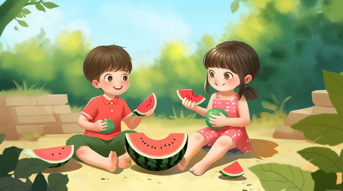 超级可爱的女孩和男孩坐在院子里开心的吃西瓜
